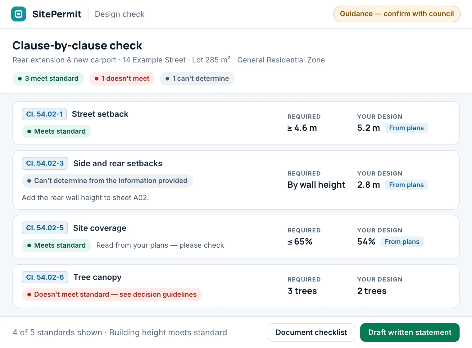 Clause-by-clause ResCode check showing which standards a design meets.